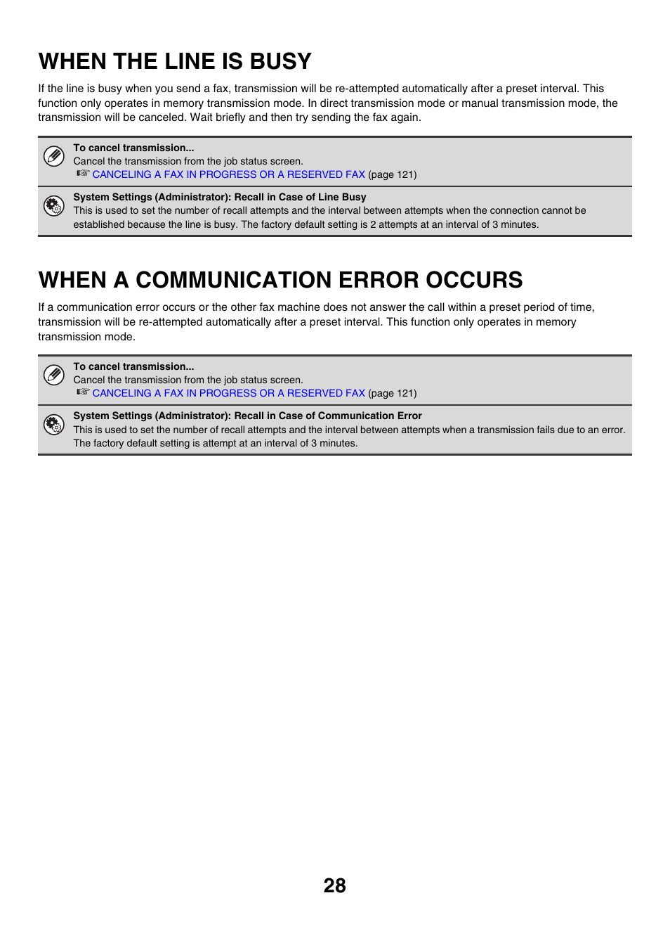 When the line is busy, When a communication error, Occurs | Ge 28), When a communication error occurs | Sharp MX-7001 User Manual | Page 257 / 710