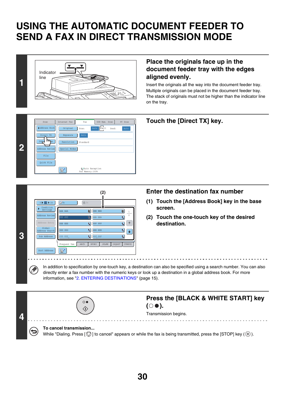 Using the automatic document, Feeder to send a fax in direct transmission mode, Ge 30) | Touch the [direct tx] key, Enter the destination fax number, Press the [black & white start] key ( ) | Sharp MX-7001 User Manual | Page 259 / 710