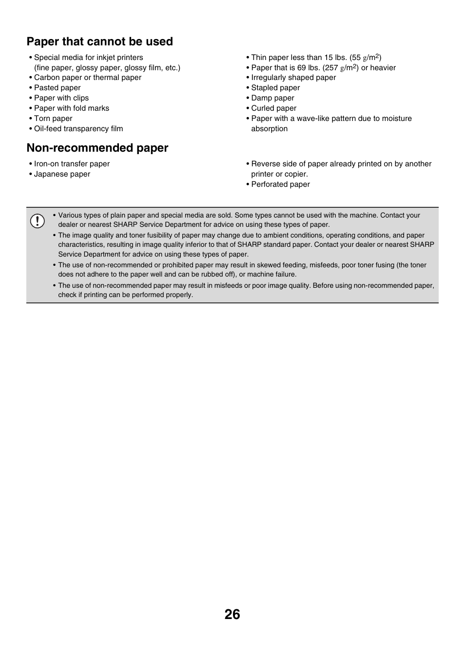 Paper that cannot be used, Non-recommended paper | Sharp MX-7001 User Manual | Page 26 / 710
