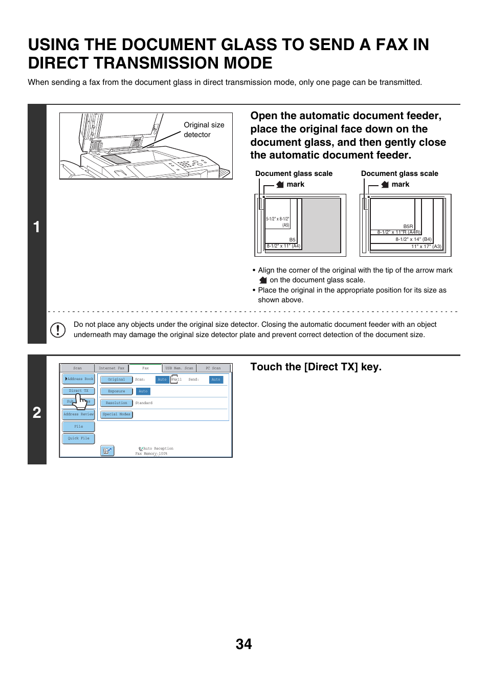 Using the document glass to send a, Fax in direct transmission mode, E 34) | Touch the [direct tx] key | Sharp MX-7001 User Manual | Page 263 / 710