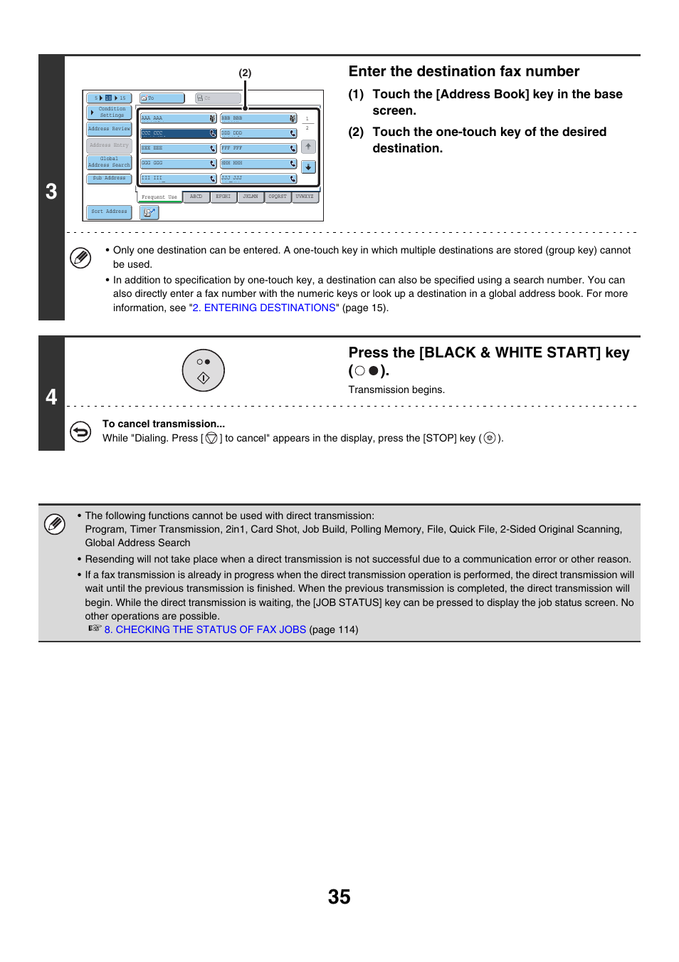 Enter the destination fax number, Press the [black & white start] key ( ) | Sharp MX-7001 User Manual | Page 264 / 710