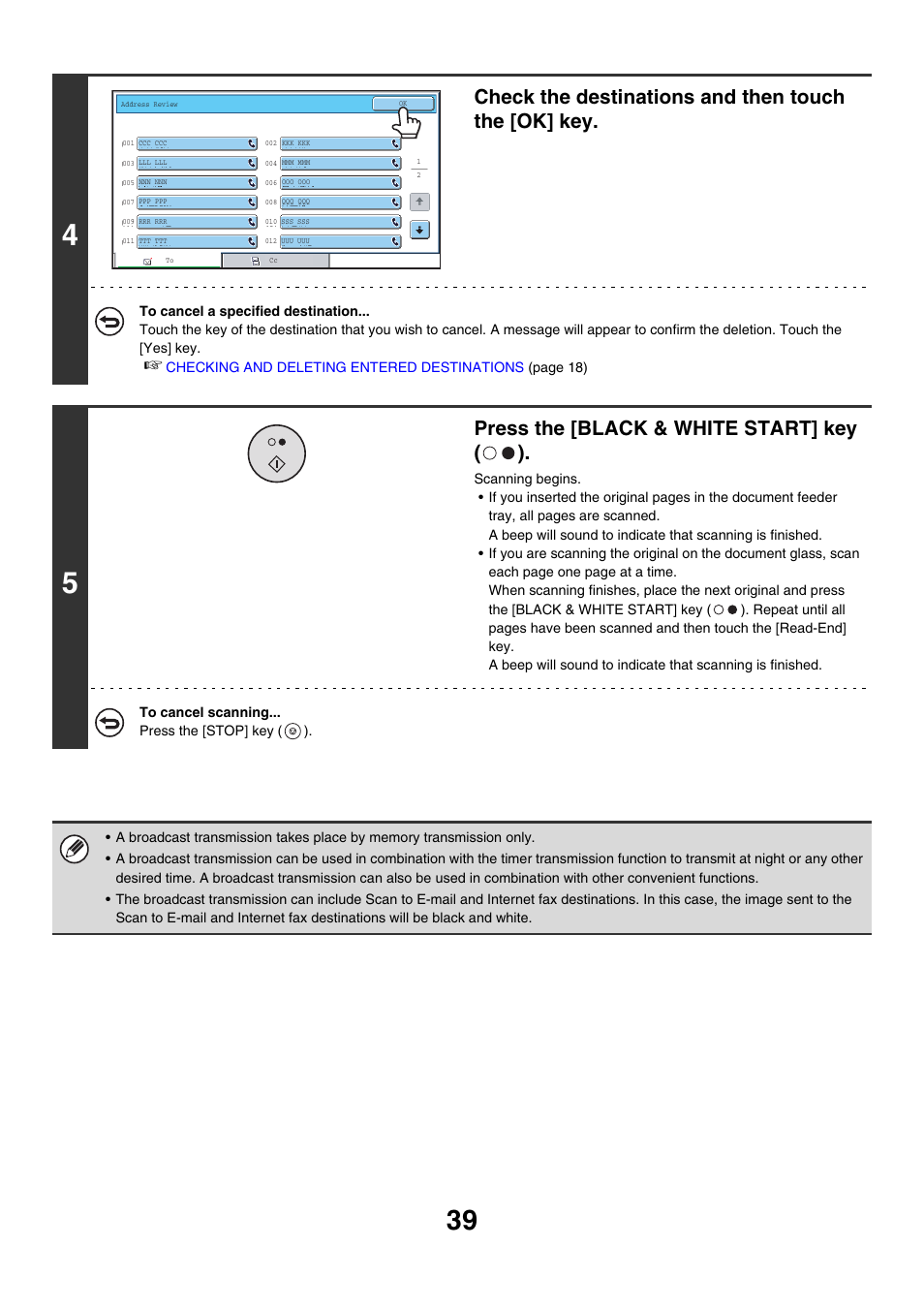 Check the destinations and then touch the [ok] key, Press the [black & white start] key ( ) | Sharp MX-7001 User Manual | Page 268 / 710