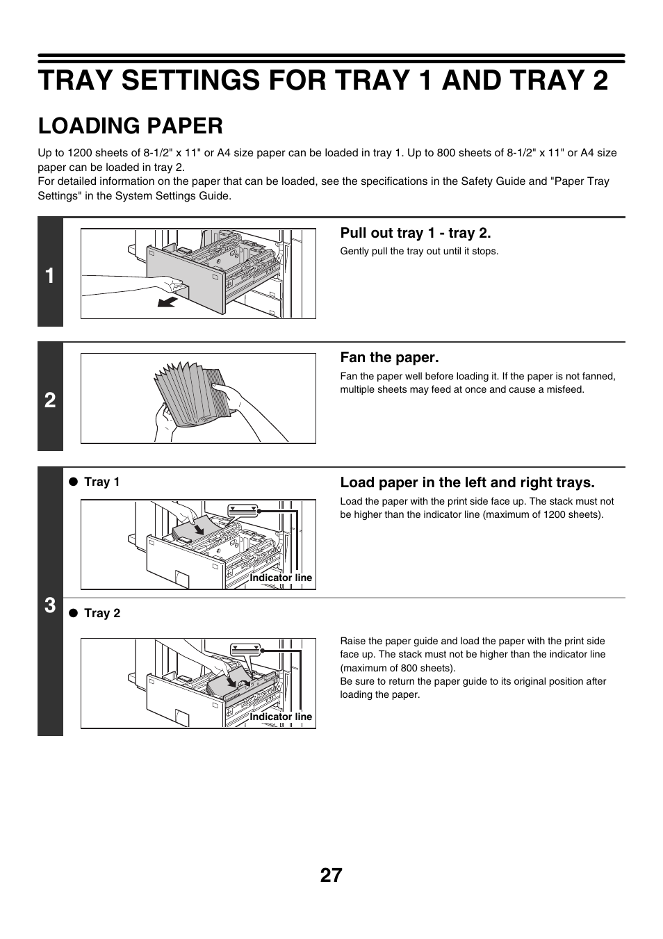 Tray settings for tray 1 and tray 2, Loading paper | Sharp MX-7001 User Manual | Page 27 / 710