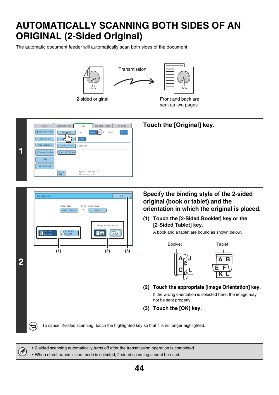 Automatically scanning both sides, Of an original (2-sided original), Touch the [original] key | 2) touch the appropriate [image orientation] key, 3) touch the [ok] key | Sharp MX-7001 User Manual | Page 273 / 710