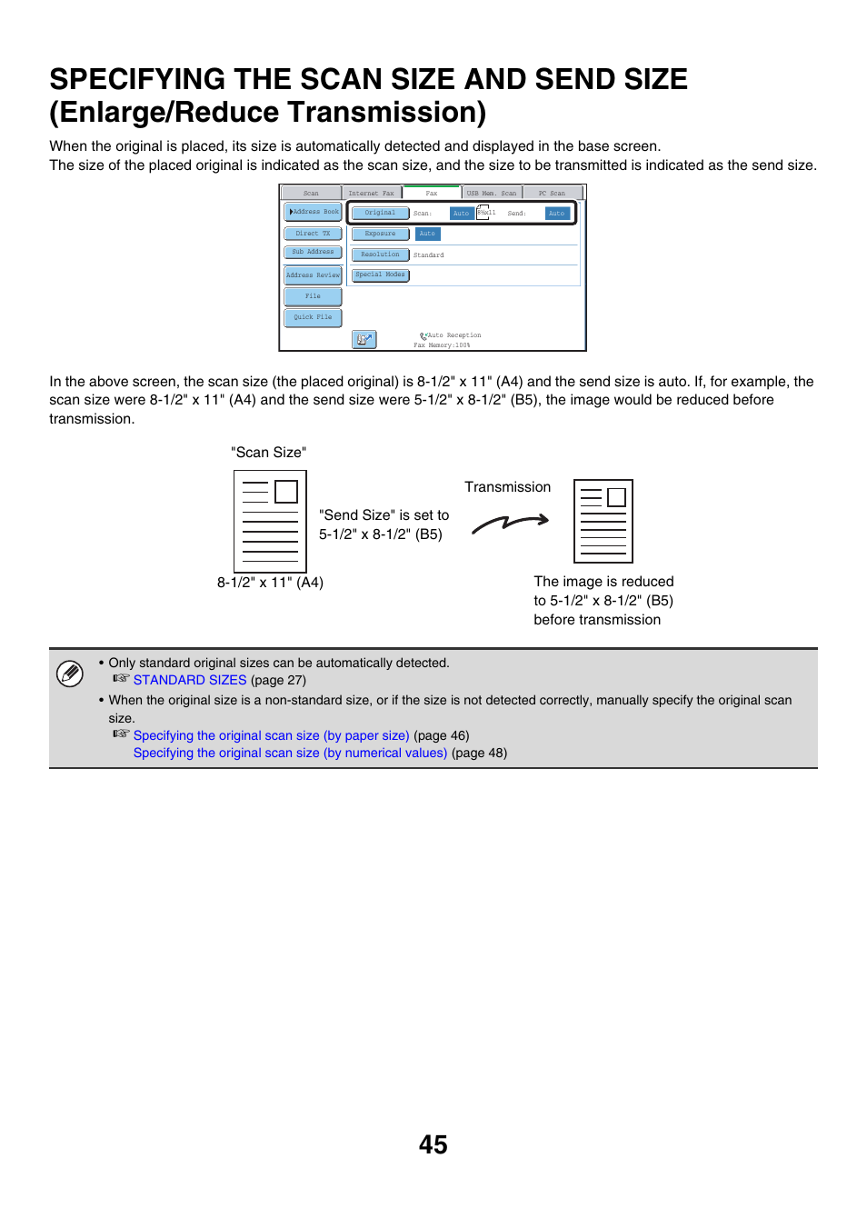 Specifying the scan size and send, Size (enlarge/reduce transmission) | Sharp MX-7001 User Manual | Page 274 / 710