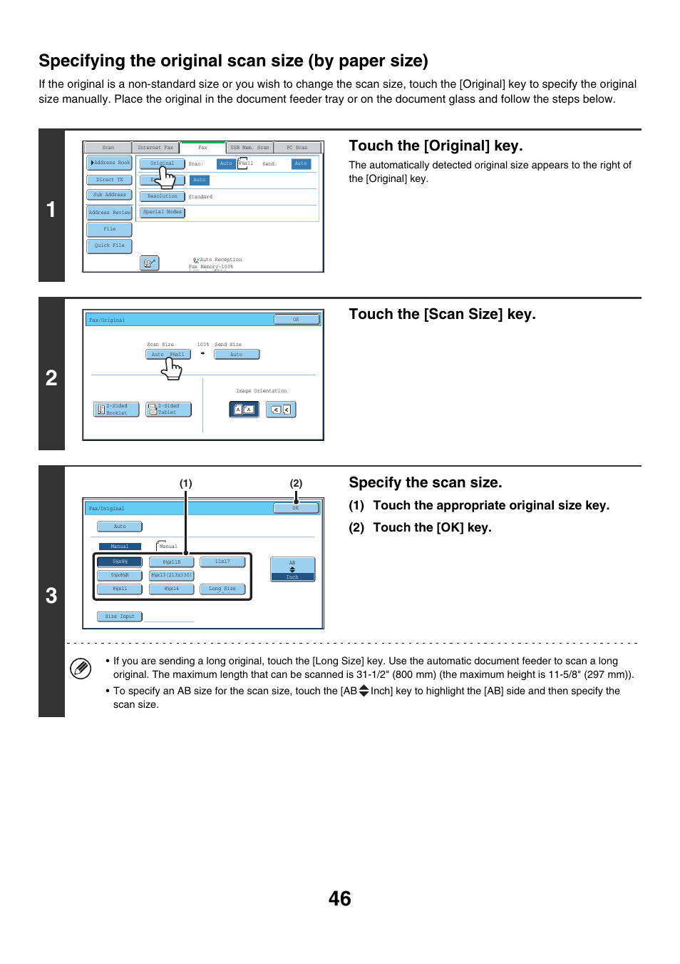 Specifying the original scan size (by paper size), E 46), Touch the [original] key | Touch the [scan size] key, Specify the scan size | Sharp MX-7001 User Manual | Page 275 / 710