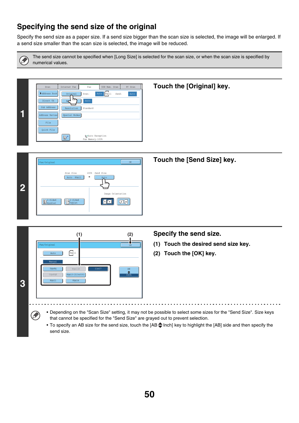 Specifying the send size of the original, Touch the [original] key, Touch the [send size] key | Specify the send size | Sharp MX-7001 User Manual | Page 279 / 710