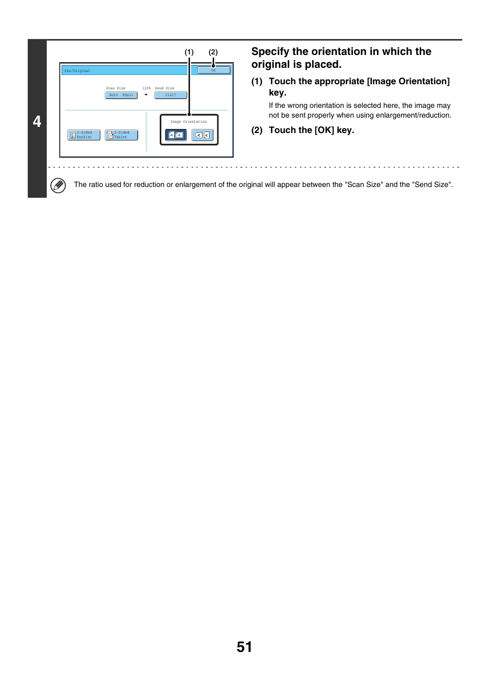 1) touch the appropriate [image orientation] key, 2) touch the [ok] key | Sharp MX-7001 User Manual | Page 280 / 710