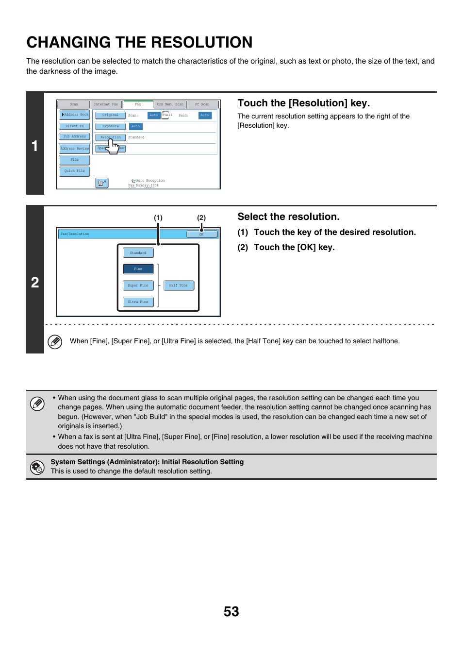 Changing the resolution, Ge 53, Touch the [resolution] key | Select the resolution | Sharp MX-7001 User Manual | Page 282 / 710