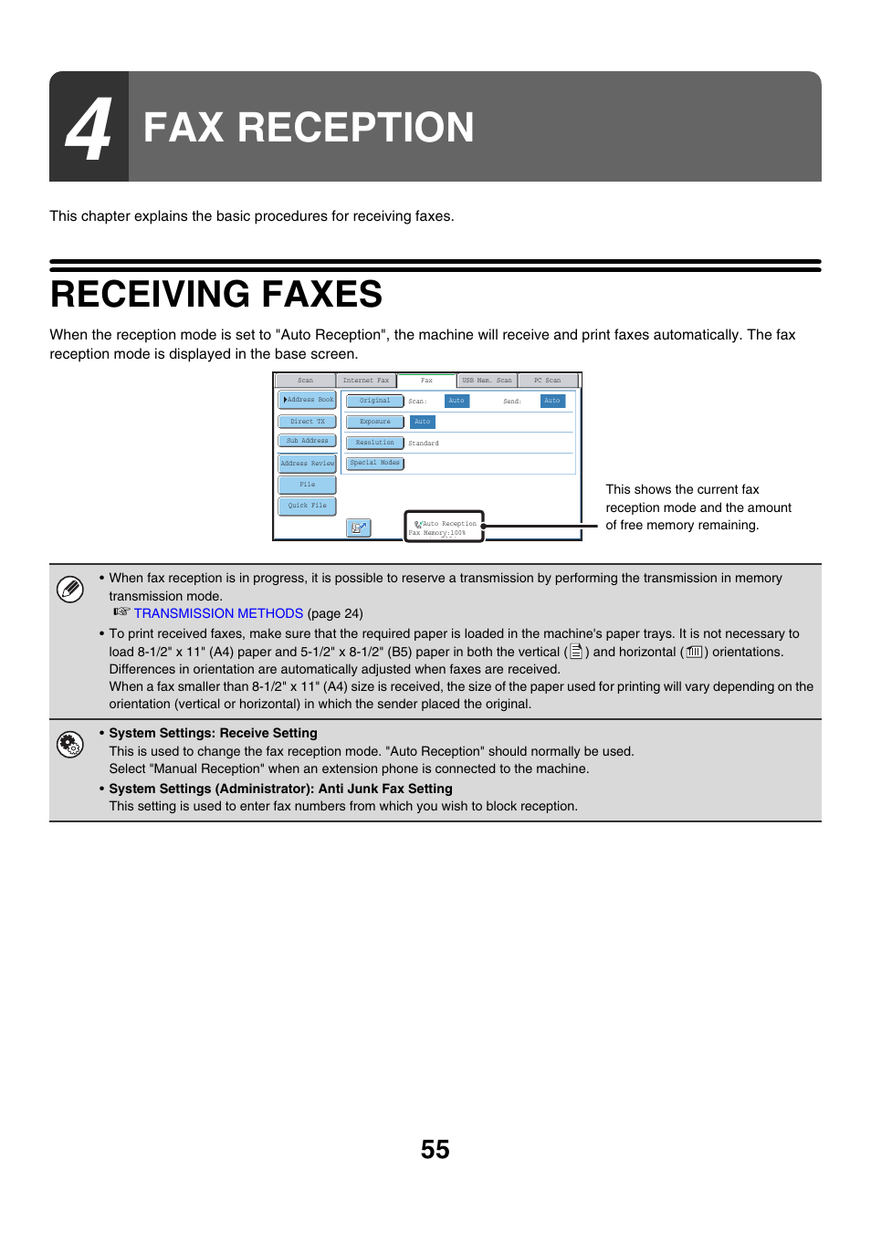 Fax reception, Receiving faxes | Sharp MX-7001 User Manual | Page 284 / 710