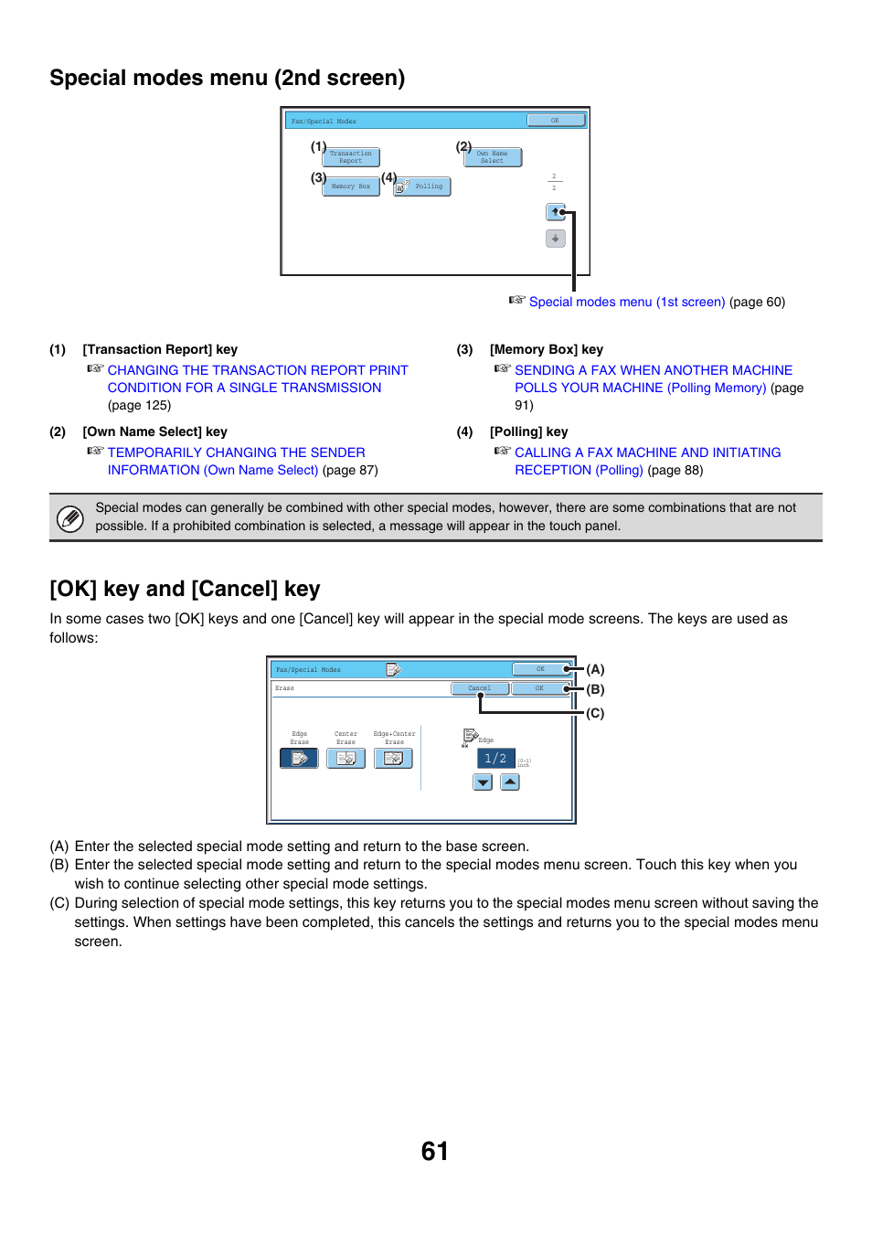 Special modes menu (2nd screen), Age 61), Ok] key and [cancel] key | Sharp MX-7001 User Manual | Page 290 / 710