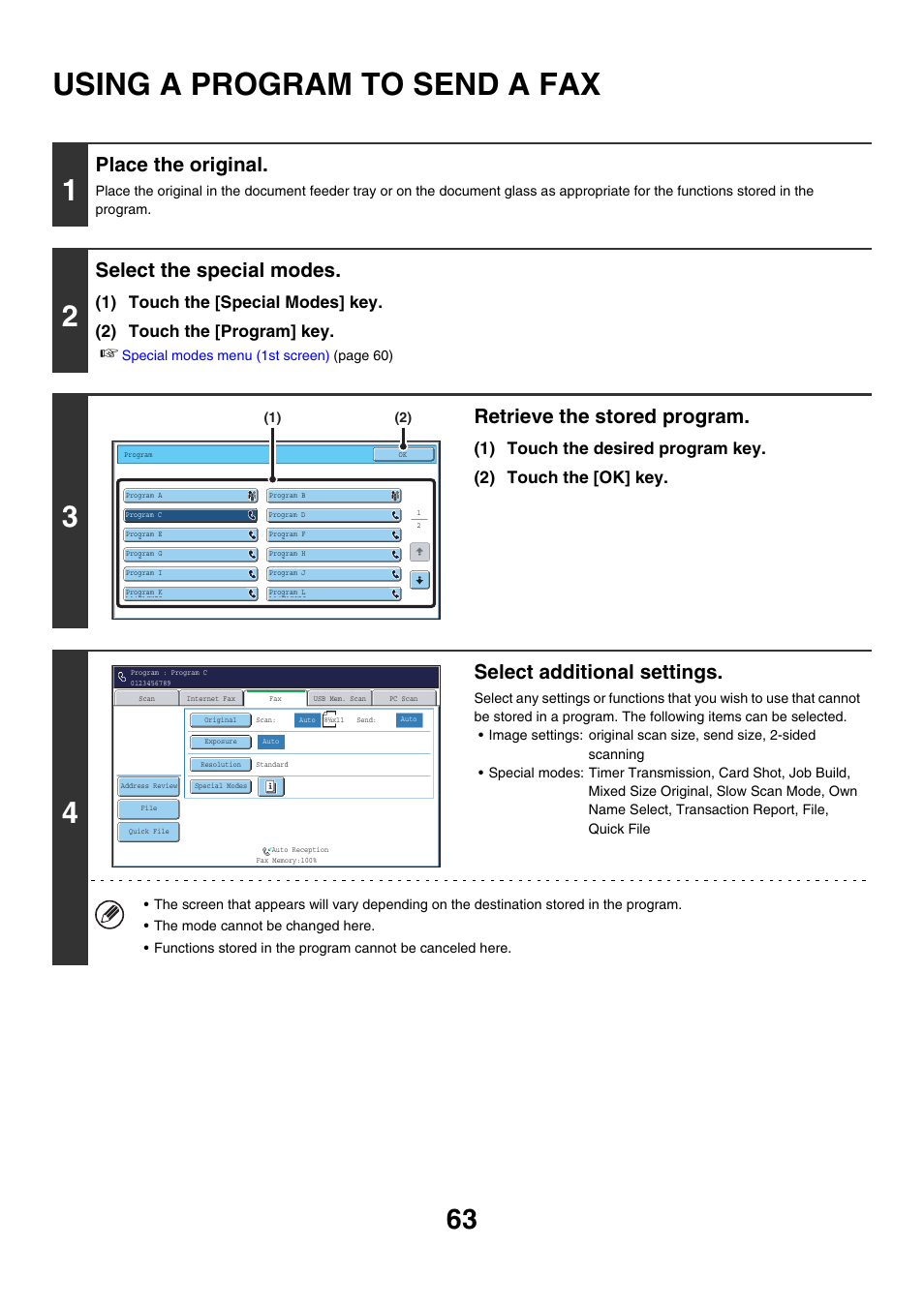 Using a program to send a fax, Place the original, Select the special modes | Retrieve the stored program, Select additional settings | Sharp MX-7001 User Manual | Page 292 / 710