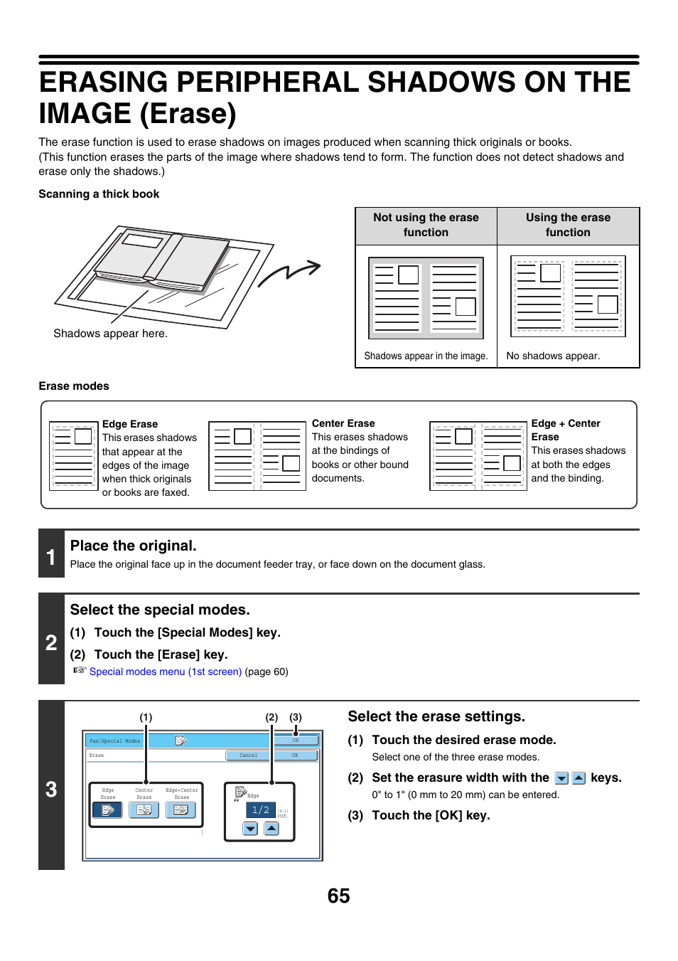 Erasing peripheral shadows on the image (erase), Place the original, Select the special modes | Select the erase settings | Sharp MX-7001 User Manual | Page 294 / 710