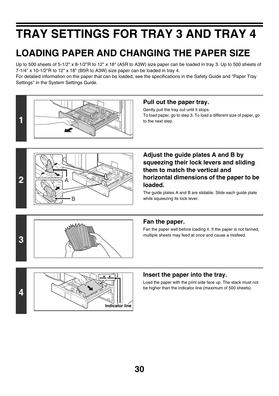 Tray settings for tray 3 and tray 4, Loading paper and changing the, Paper size | Loading paper and changing the paper size | Sharp MX-7001 User Manual | Page 30 / 710