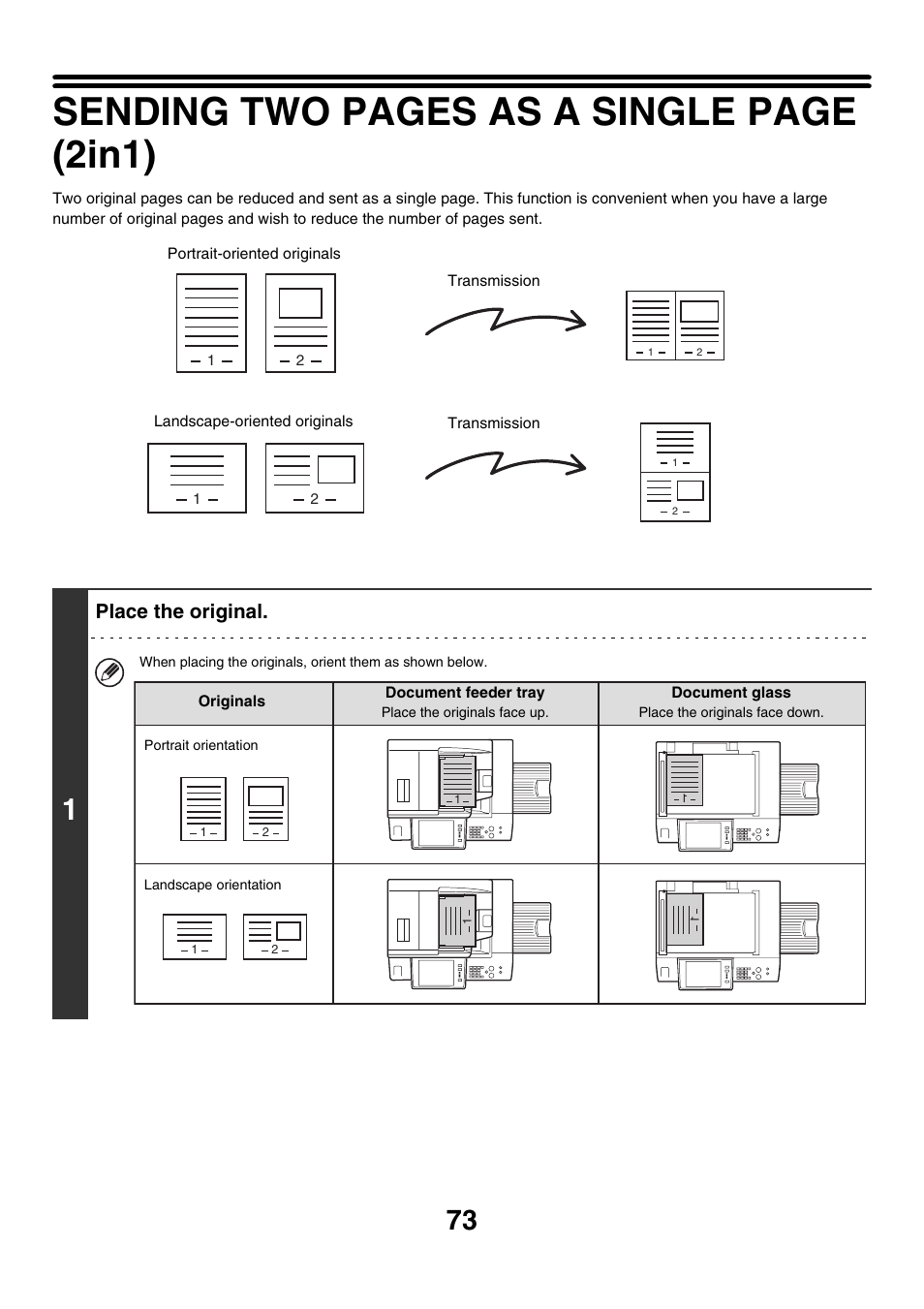 Ge 73), Sending two pages as a single page (2in1), Place the original | Sharp MX-7001 User Manual | Page 302 / 710