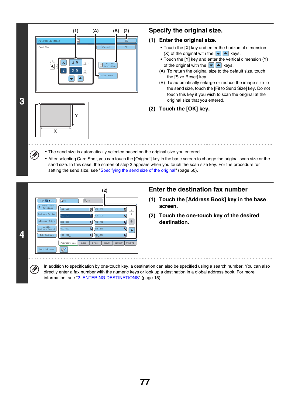 Specify the original size, Enter the destination fax number, 1) enter the original size | 2) touch the [ok] key | Sharp MX-7001 User Manual | Page 306 / 710