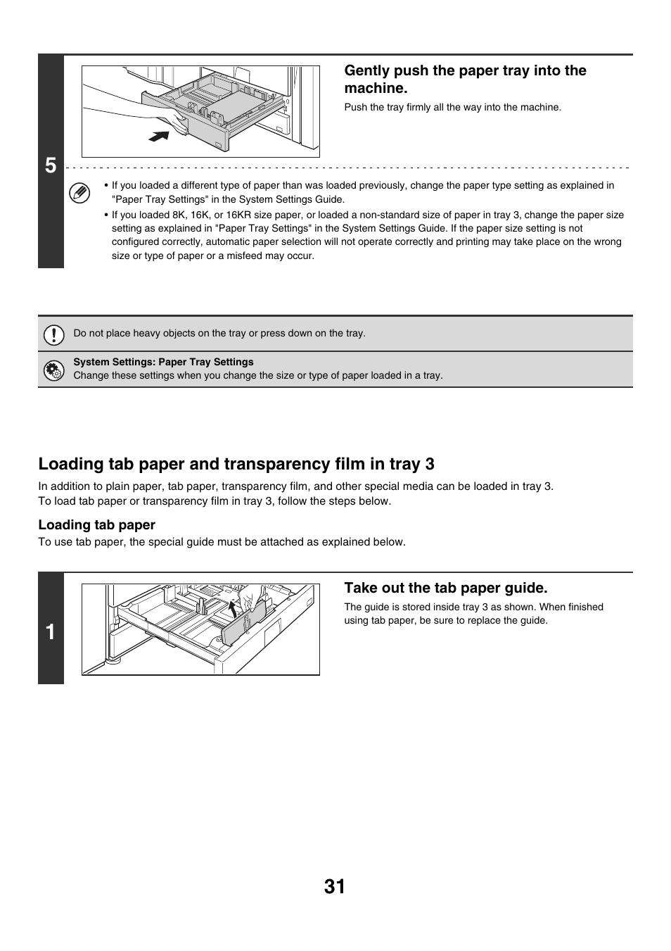 Loading tab paper and transparency film in tray 3 | Sharp MX-7001 User Manual | Page 31 / 710