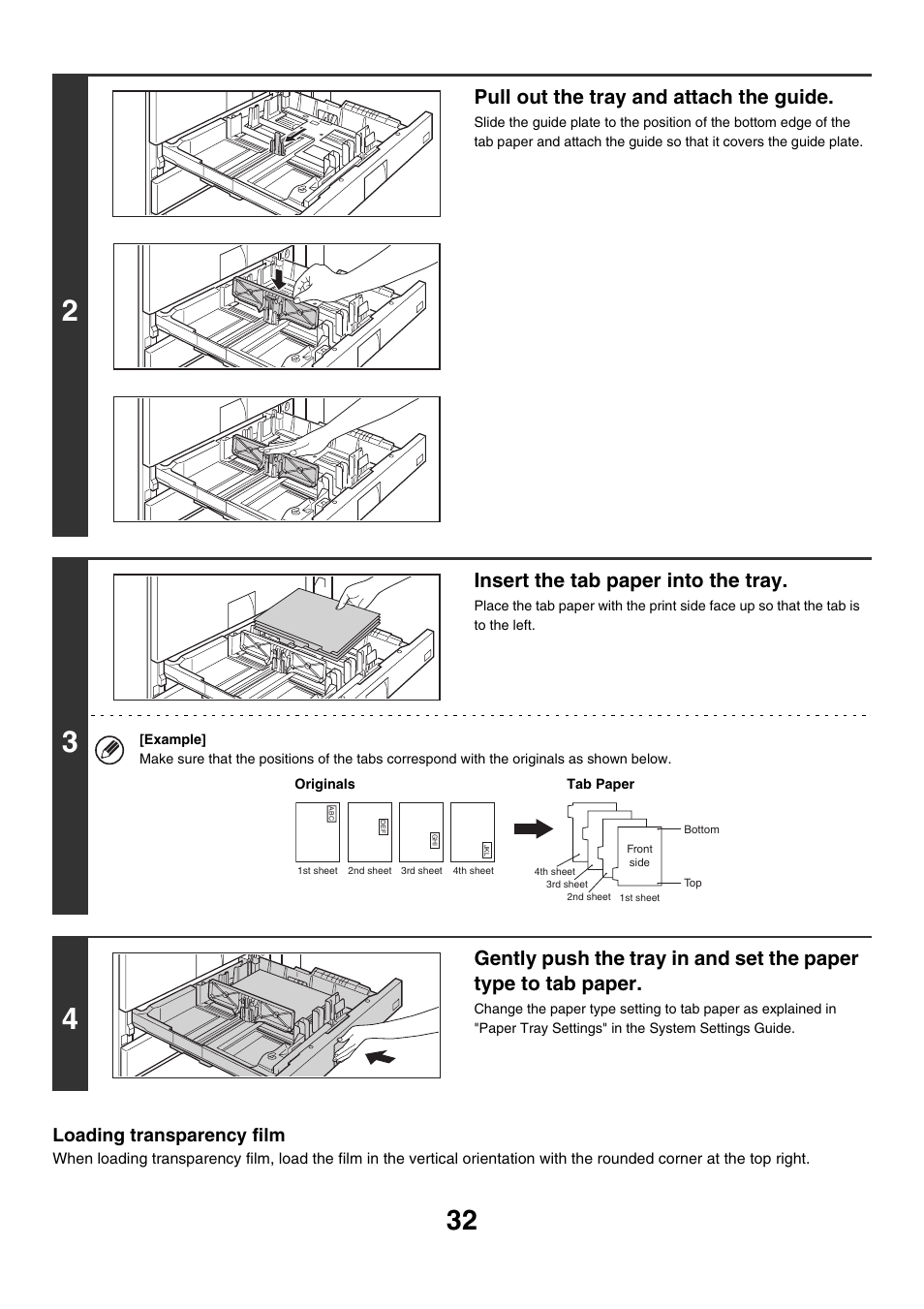 Pull out the tray and attach the guide, Insert the tab paper into the tray, Loading transparency film | Sharp MX-7001 User Manual | Page 32 / 710