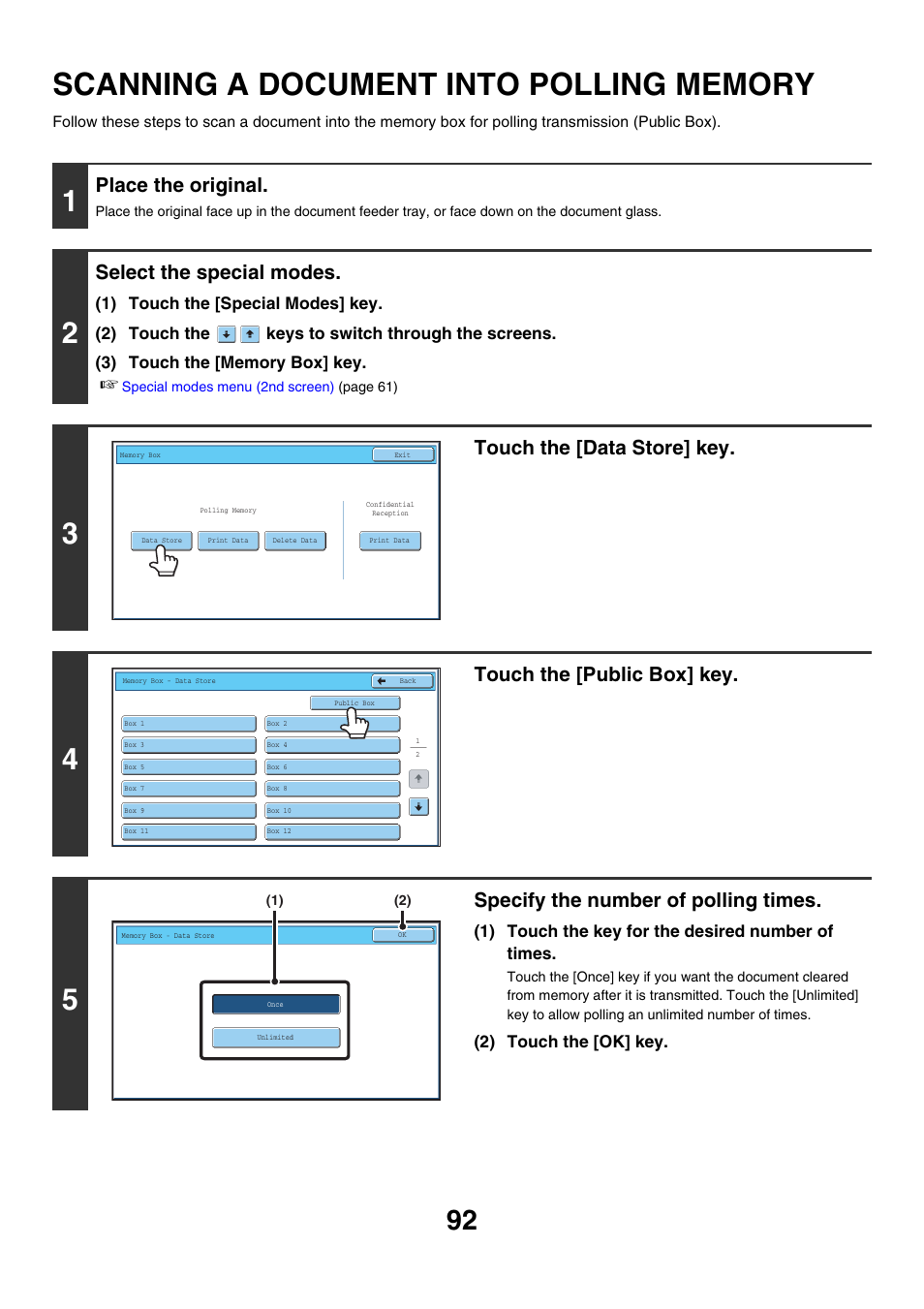 Scanning a document into polling, Memory, Place the original | Select the special modes, Touch the [data store] key, Touch the [public box] key, Specify the number of polling times | Sharp MX-7001 User Manual | Page 321 / 710
