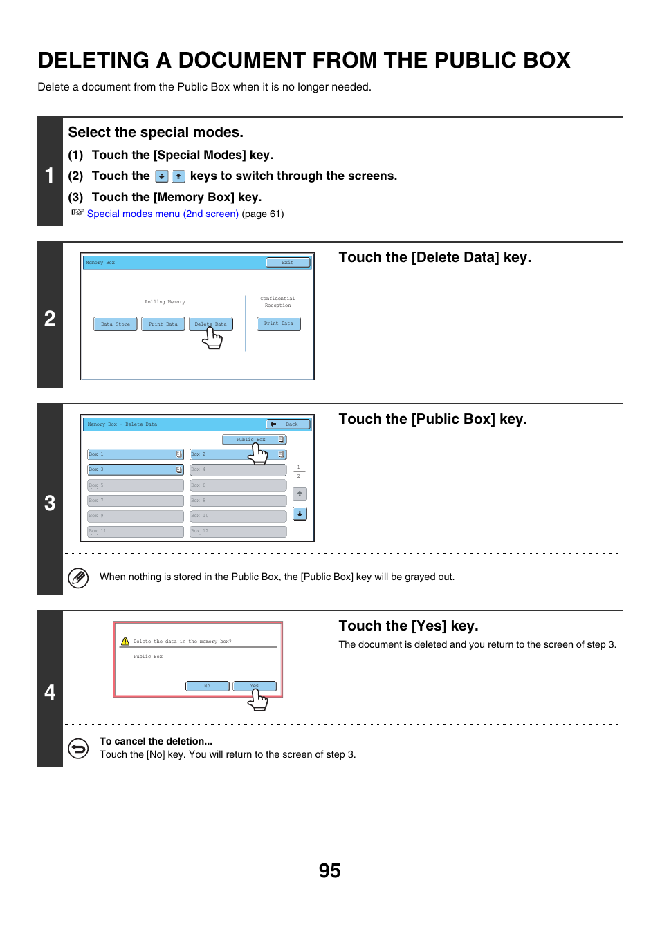 Deleting a document from the, Public box, Deleting a document from the public box | Select the special modes, Touch the [delete data] key, Touch the [public box] key, Touch the [yes] key | Sharp MX-7001 User Manual | Page 324 / 710