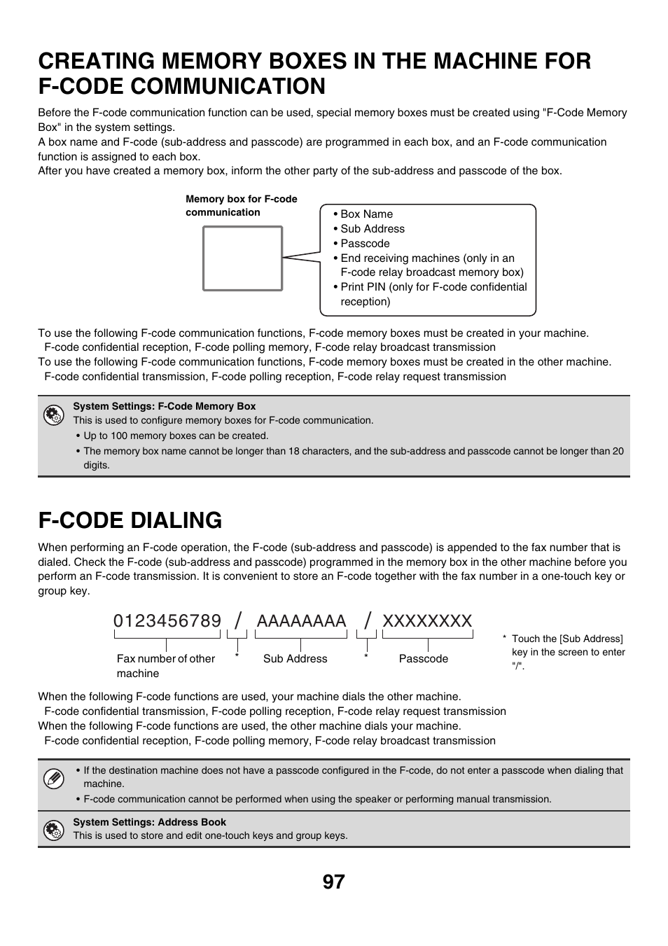 Creating memory boxes in the, Machine for f-code communication, F-code dialing | Sharp MX-7001 User Manual | Page 326 / 710