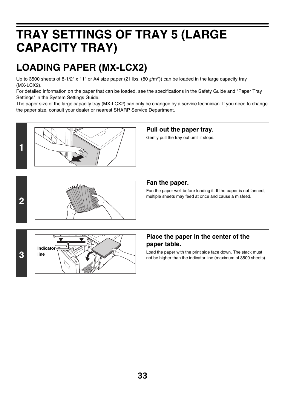 Tray settings of tray 5 (large capacity tray), Loading paper (mx-lcx2) | Sharp MX-7001 User Manual | Page 33 / 710