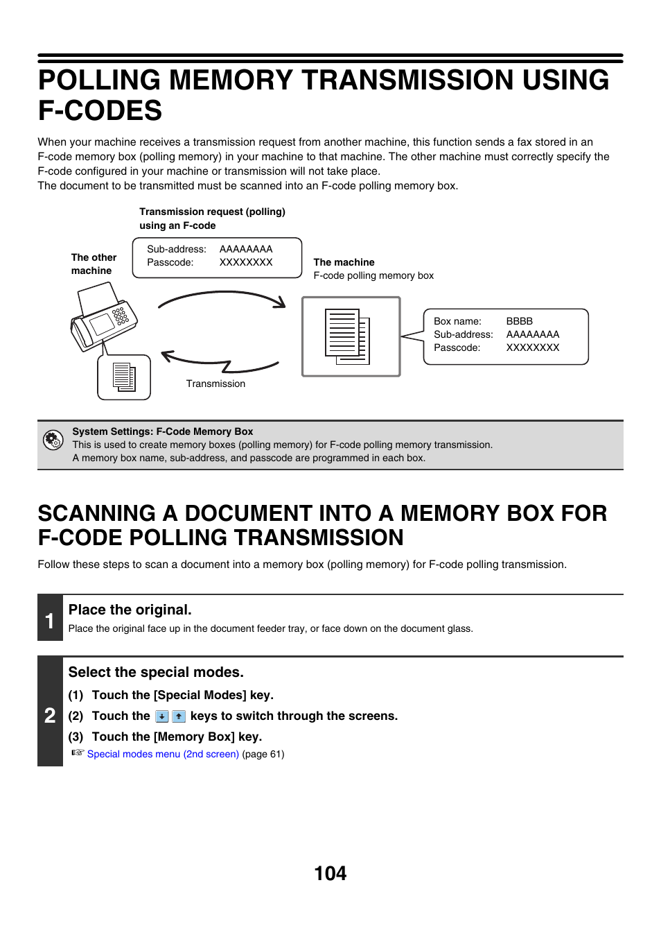 Polling memory transmission using f-codes, Scanning a document into a memory, Box for f-code polling transmission | Sharp MX-7001 User Manual | Page 333 / 710
