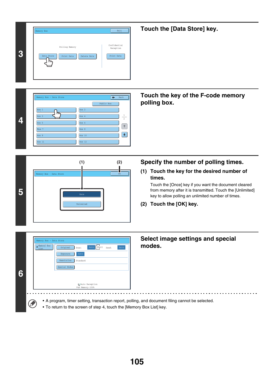 Touch the [data store] key, Specify the number of polling times, Select image settings and special modes | 1) touch the key for the desired number of times, 2) touch the [ok] key | Sharp MX-7001 User Manual | Page 334 / 710