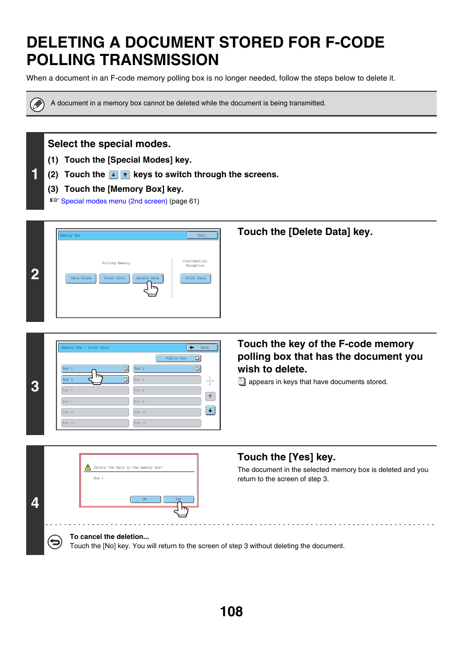Deleting a document stored for, F-code polling transmission, Select the special modes | Touch the [delete data] key, Touch the [yes] key | Sharp MX-7001 User Manual | Page 337 / 710