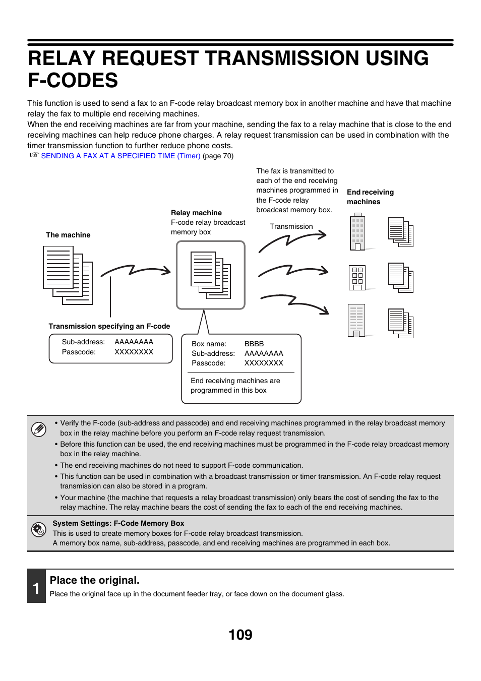 Relay request transmission using f-codes, Place the original | Sharp MX-7001 User Manual | Page 338 / 710