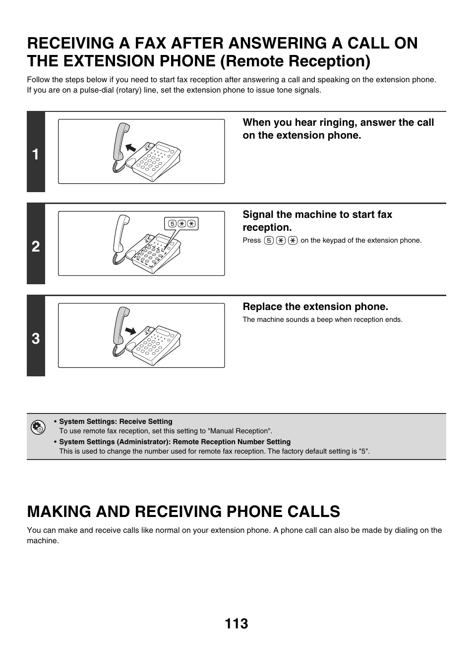 Receiving a fax after answering a, Call on the extension phone (remote reception), Making and receiving phone calls | Sharp MX-7001 User Manual | Page 342 / 710