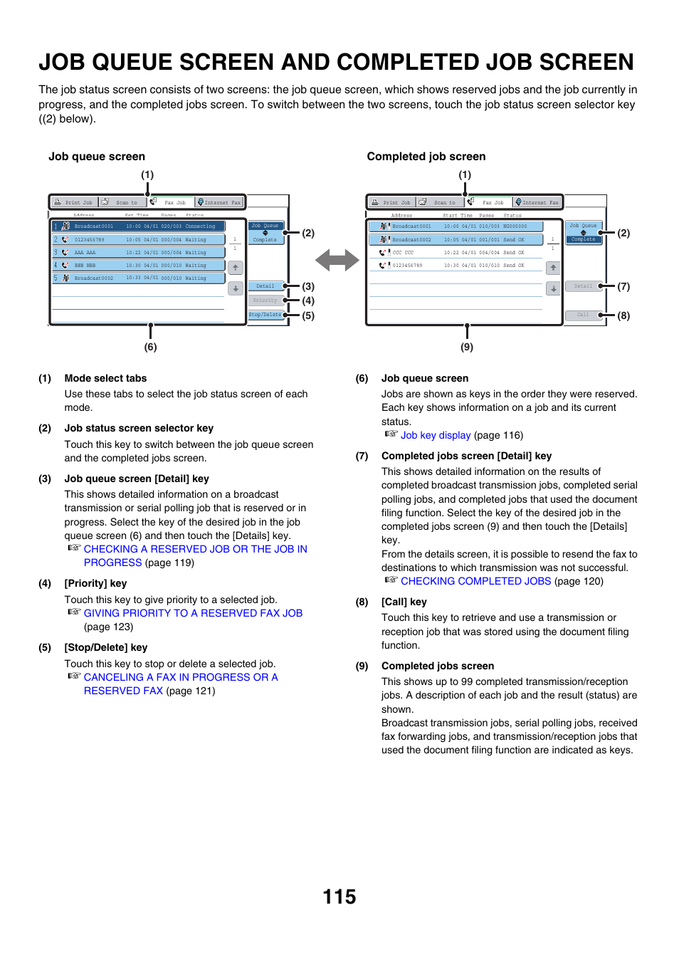 Job queue screen and completed, Job screen, Job queue screen and completed job screen | Sharp MX-7001 User Manual | Page 344 / 710