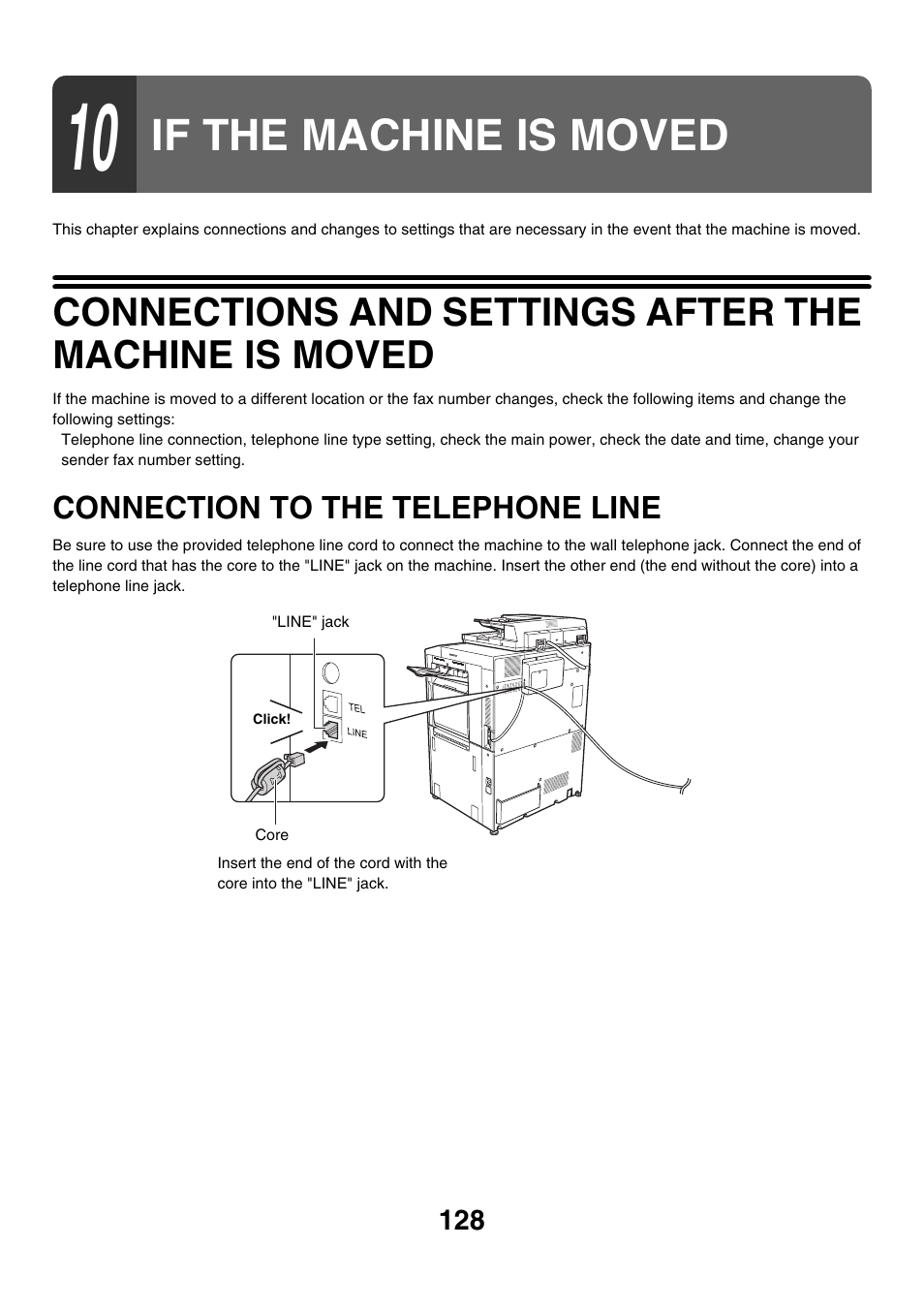 If the machine is moved, Connection to the telephone line | Sharp MX-7001 User Manual | Page 357 / 710