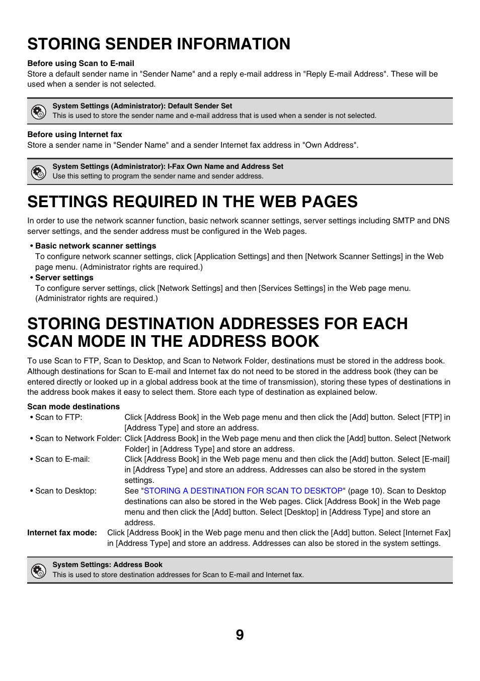 Storing sender information, Storing destination addresses for, Each scan mode in the address book | Settings required in the web pages | Sharp MX-7001 User Manual | Page 369 / 710