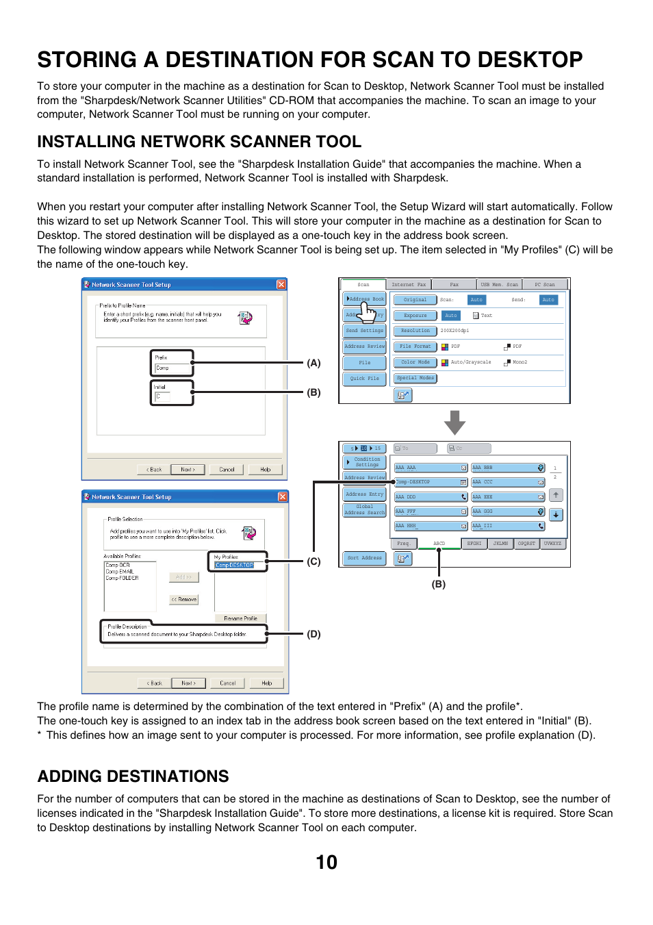 Storing a destination for scan to, Desktop, Storing a destination for scan to desktop | Installing network scanner tool, Adding destinations, B) (a) (b) (c) (d) | Sharp MX-7001 User Manual | Page 370 / 710