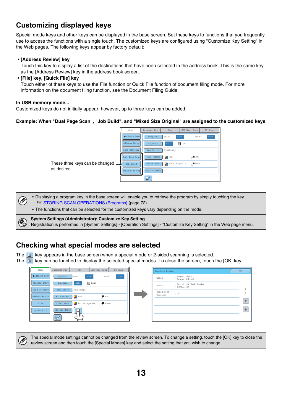 Customizing displayed keys, Checking what special modes are selected, These three keys can be changed as desired | Sharp MX-7001 User Manual | Page 373 / 710