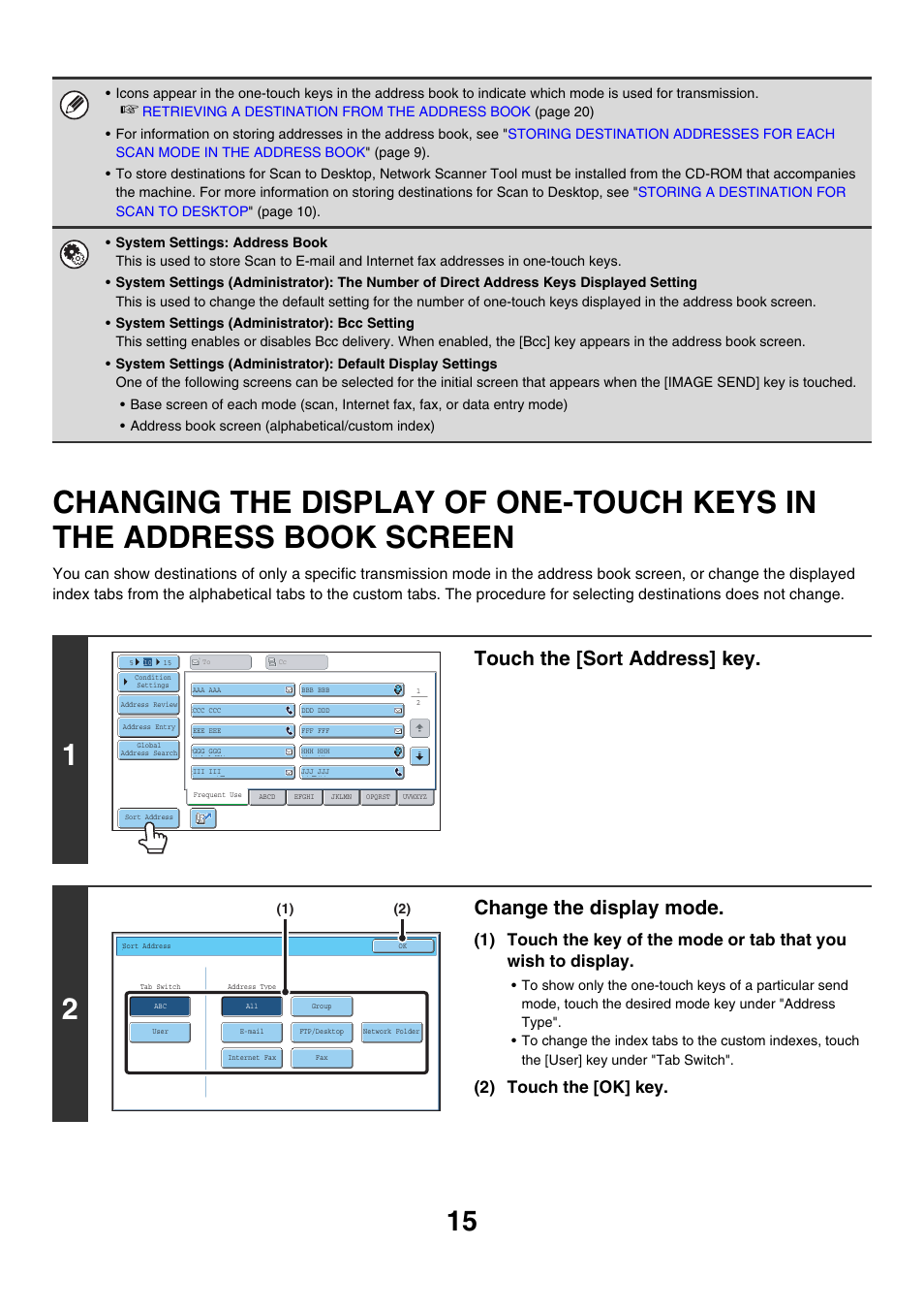 Changing the display of one-touch, Keys in the address book screen, Touch the [sort address] key | Change the display mode, 2) touch the [ok] key | Sharp MX-7001 User Manual | Page 375 / 710