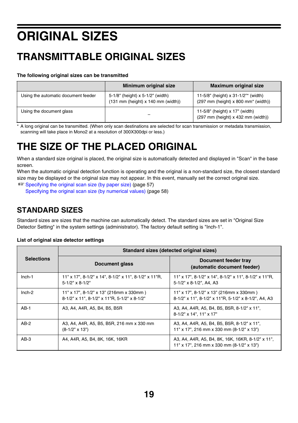Original sizes, Transmittable original sizes, The size of the placed original | Standard sizes | Sharp MX-7001 User Manual | Page 379 / 710