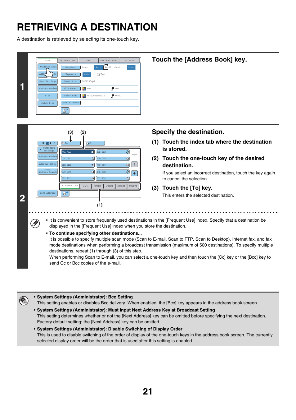 Retrieving a destination, Touch the [address book] key, Specify the destination | 3) touch the [to] key | Sharp MX-7001 User Manual | Page 381 / 710