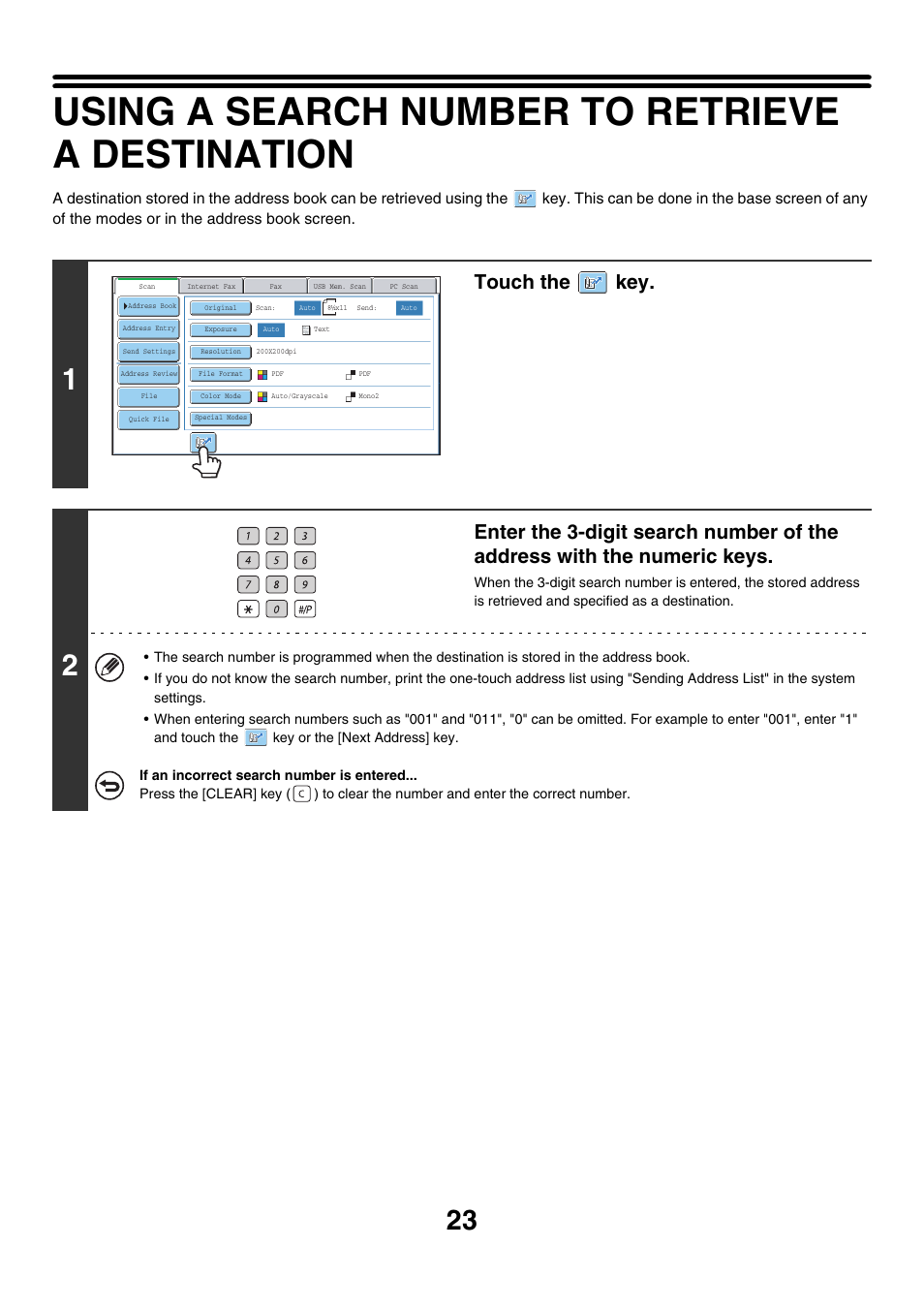Using a search number to retrieve a destination, E 23), Touch the key | Sharp MX-7001 User Manual | Page 383 / 710