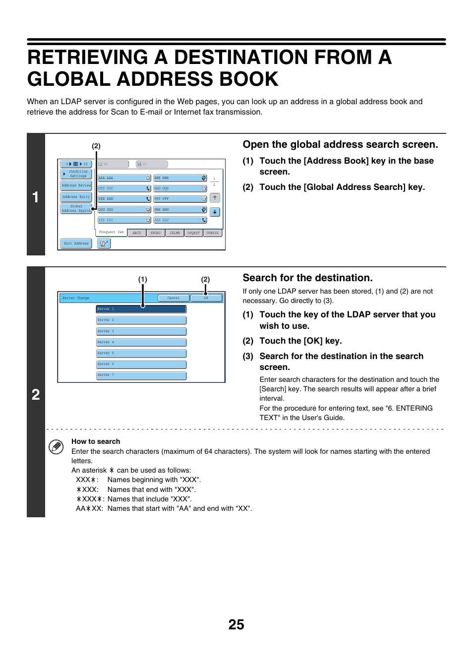 Age 25, Open the global address search screen, Search for the destination | Sharp MX-7001 User Manual | Page 385 / 710