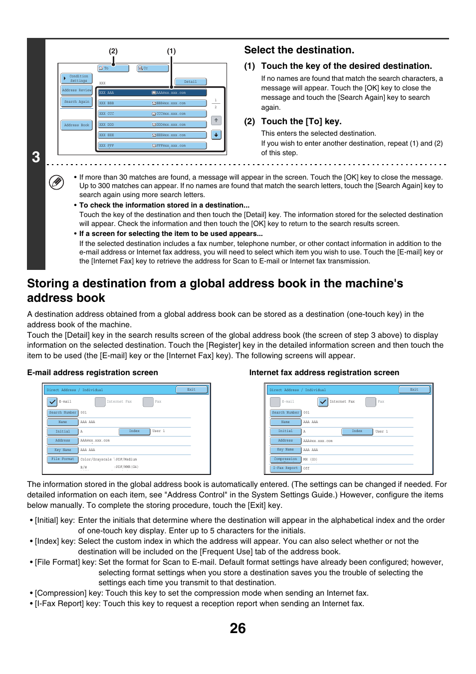 Select the destination, 1) touch the key of the desired destination, 2) touch the [to] key | Sharp MX-7001 User Manual | Page 386 / 710