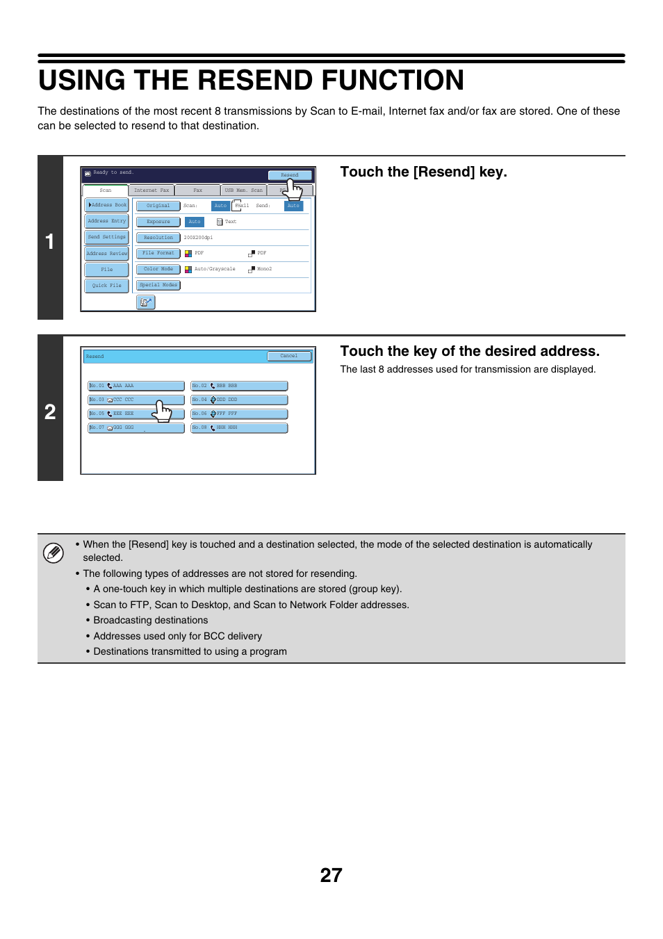 Using the resend function, E 27), Touch the [resend] key | Touch the key of the desired address | Sharp MX-7001 User Manual | Page 387 / 710