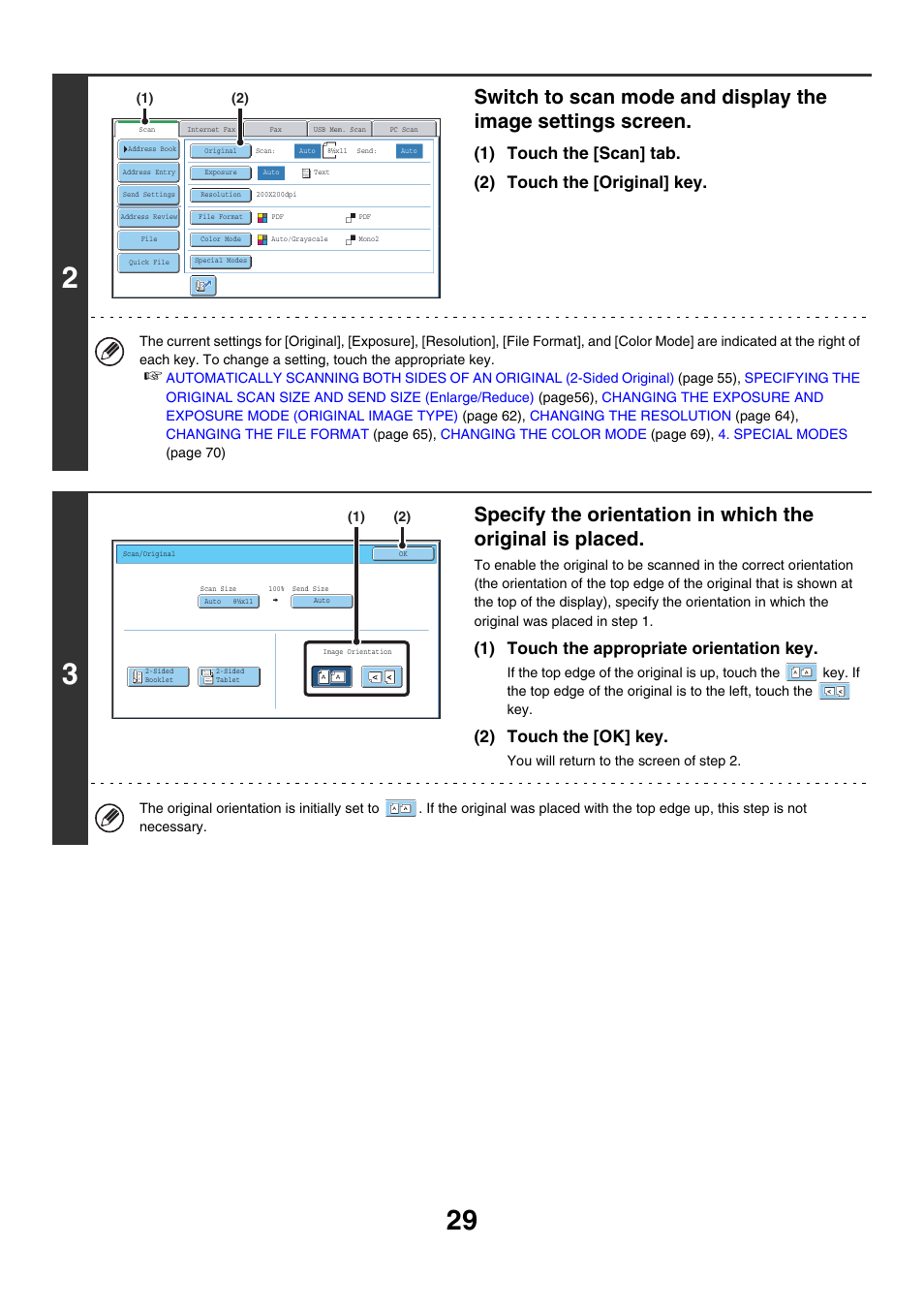 1) touch the appropriate orientation key, 2) touch the [ok] key | Sharp MX-7001 User Manual | Page 389 / 710