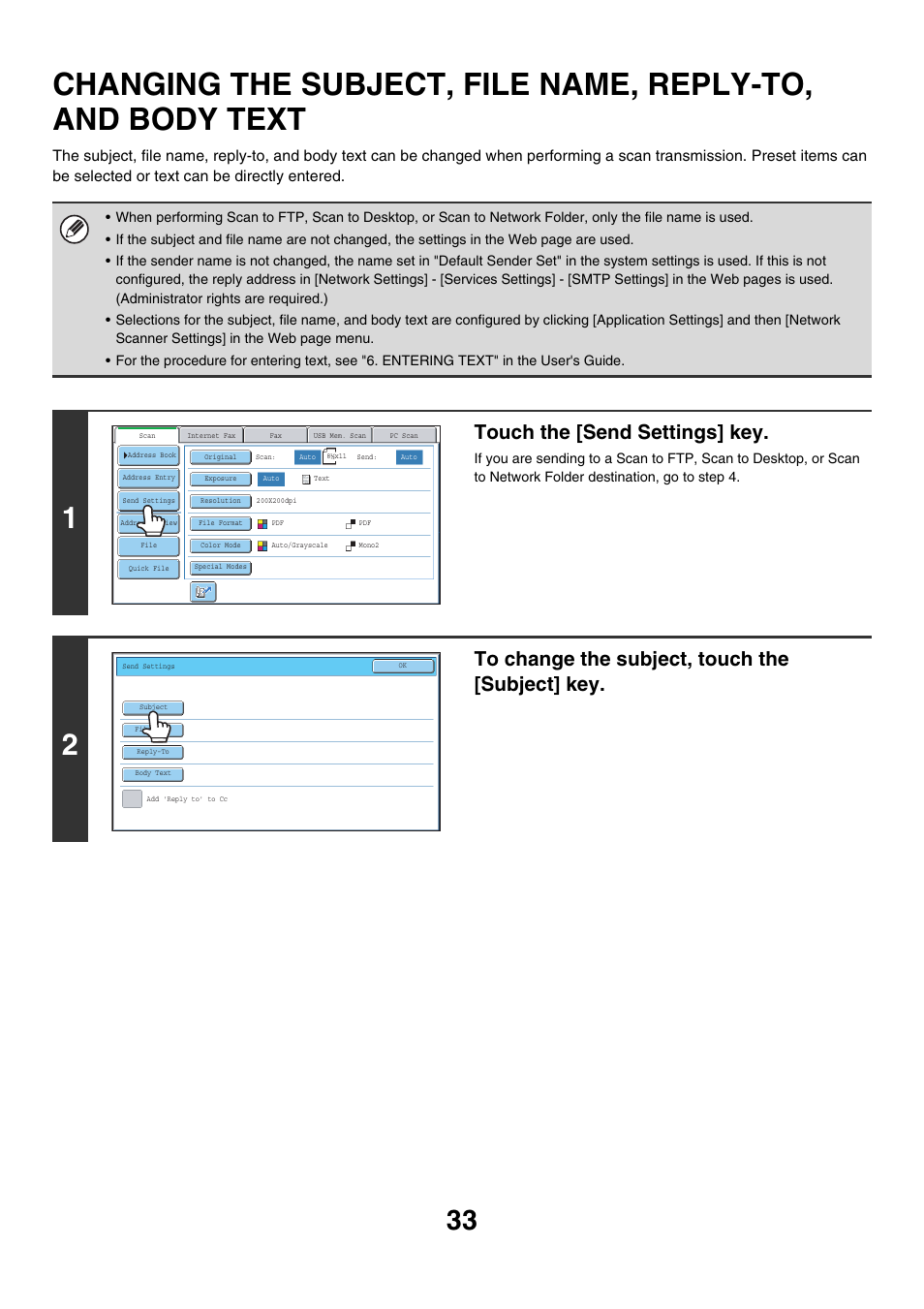 Changing the subject, file name, Reply-to, and body text, E 33) | Touch the [send settings] key | Sharp MX-7001 User Manual | Page 393 / 710