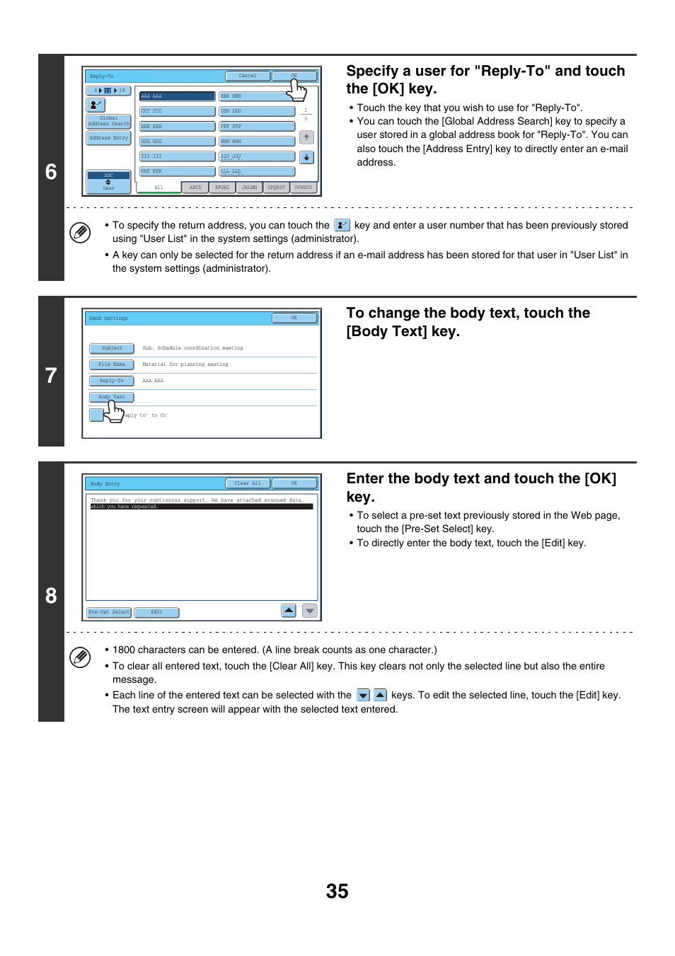 Enter the body text and touch the [ok] key | Sharp MX-7001 User Manual | Page 395 / 710