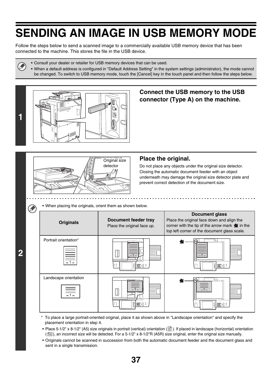 Sending an image in usb memory mode, E 37), Place the original | Sharp MX-7001 User Manual | Page 397 / 710