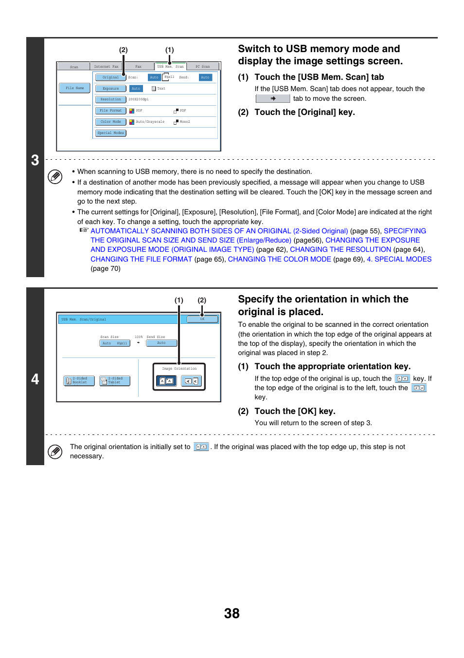 1) touch the [usb mem. scan] tab, 2) touch the [original] key, 1) touch the appropriate orientation key | 2) touch the [ok] key | Sharp MX-7001 User Manual | Page 398 / 710