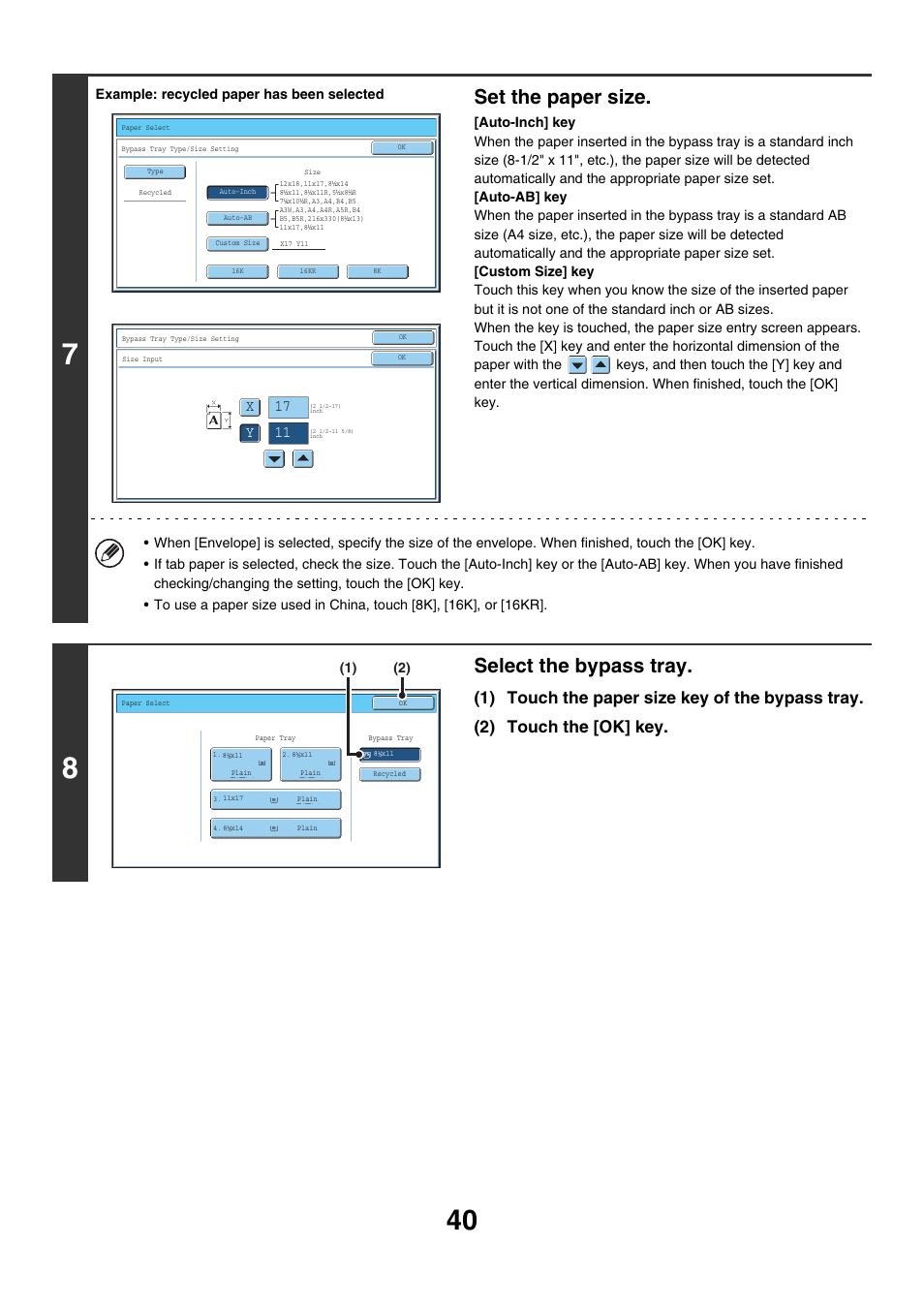 Set the paper size, Select the bypass tray, 17 x y 11 | Sharp MX-7001 User Manual | Page 40 / 710
