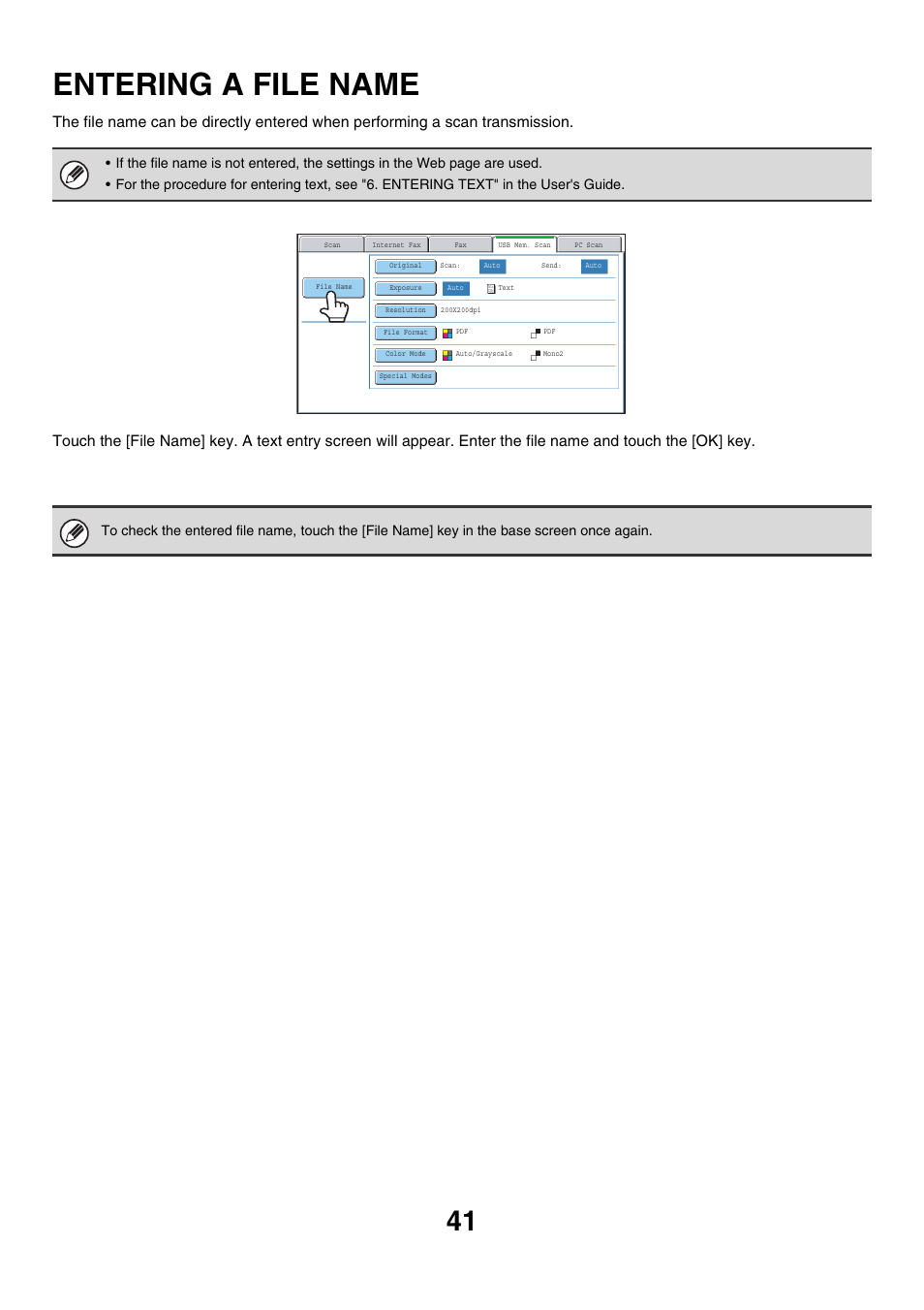 Entering a file name, E 41) | Sharp MX-7001 User Manual | Page 401 / 710